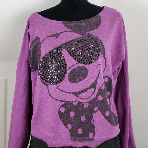 Disney Cool Sunglasses Mickey Mouse Cropped Purple Sweater - Picture 2 of 5